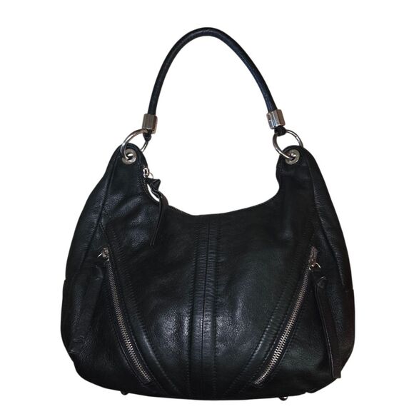 B Makowsky Black Pebble Leather Shoulder Hand Bag Purse Leopard Lined - Picture 1 of 10